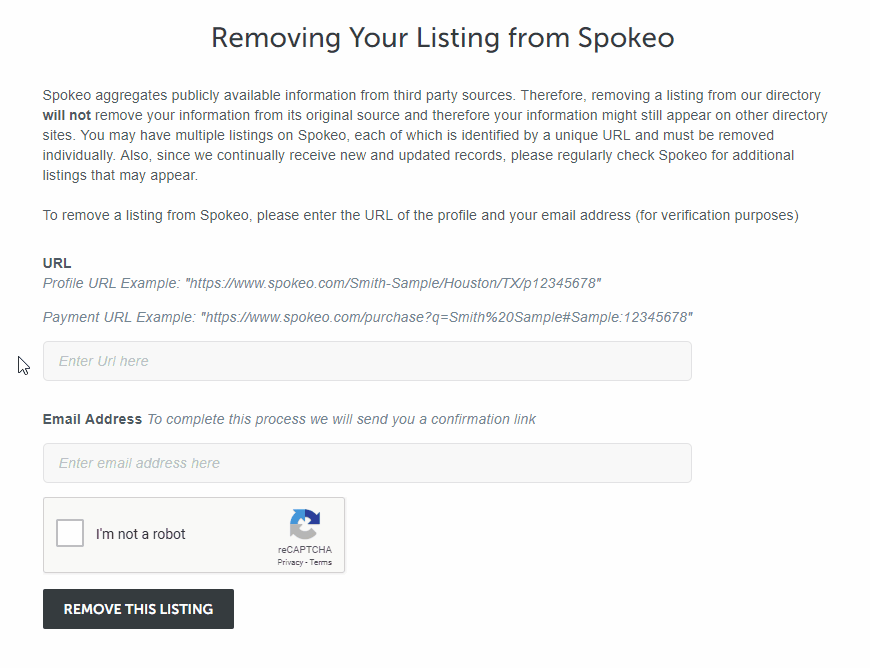 Image of the Spokeo opt out page