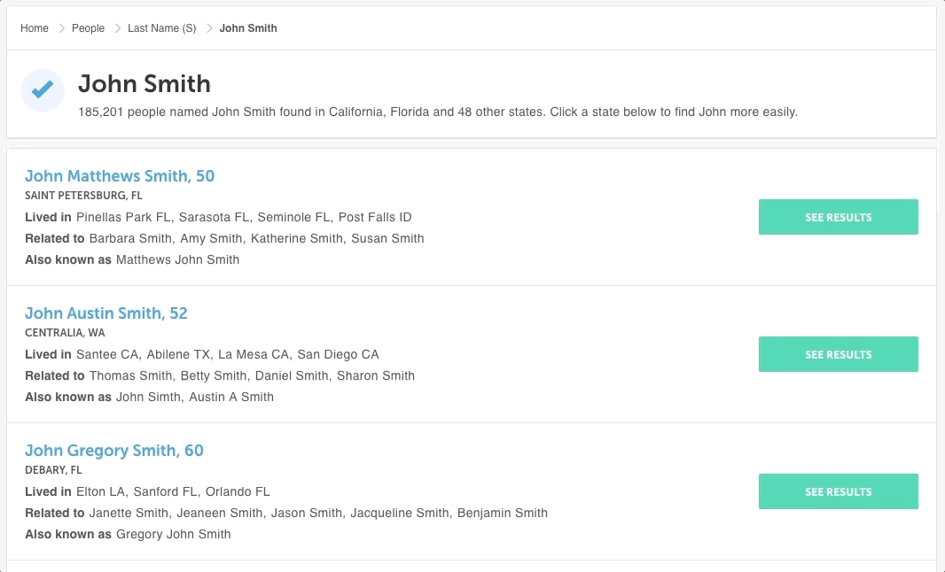 Image of the process of unlocking a name profile following a Spokeo Name search