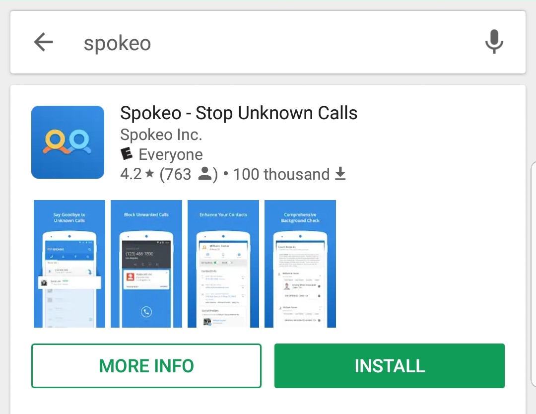 Image of the Spokeo app installation page in the google play store