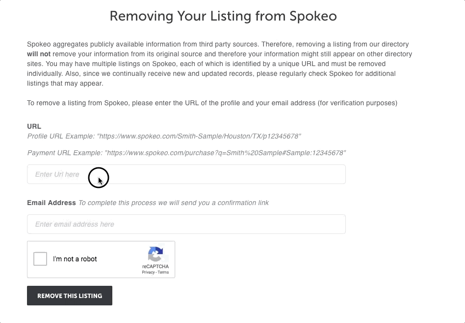 GIF depicting how to remove your listing from Spokeo