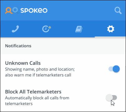 Image of the toggle used to block and unblock telemarkters on the Spokeo app