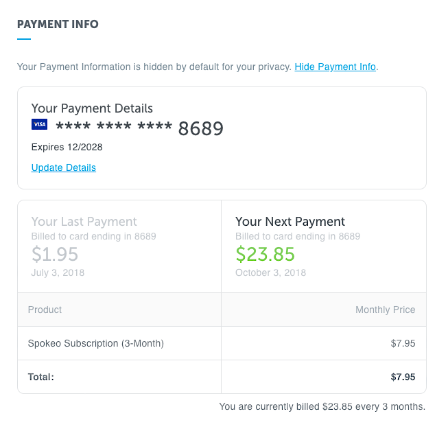 image of the payment details where to update and change your Spokeo payment