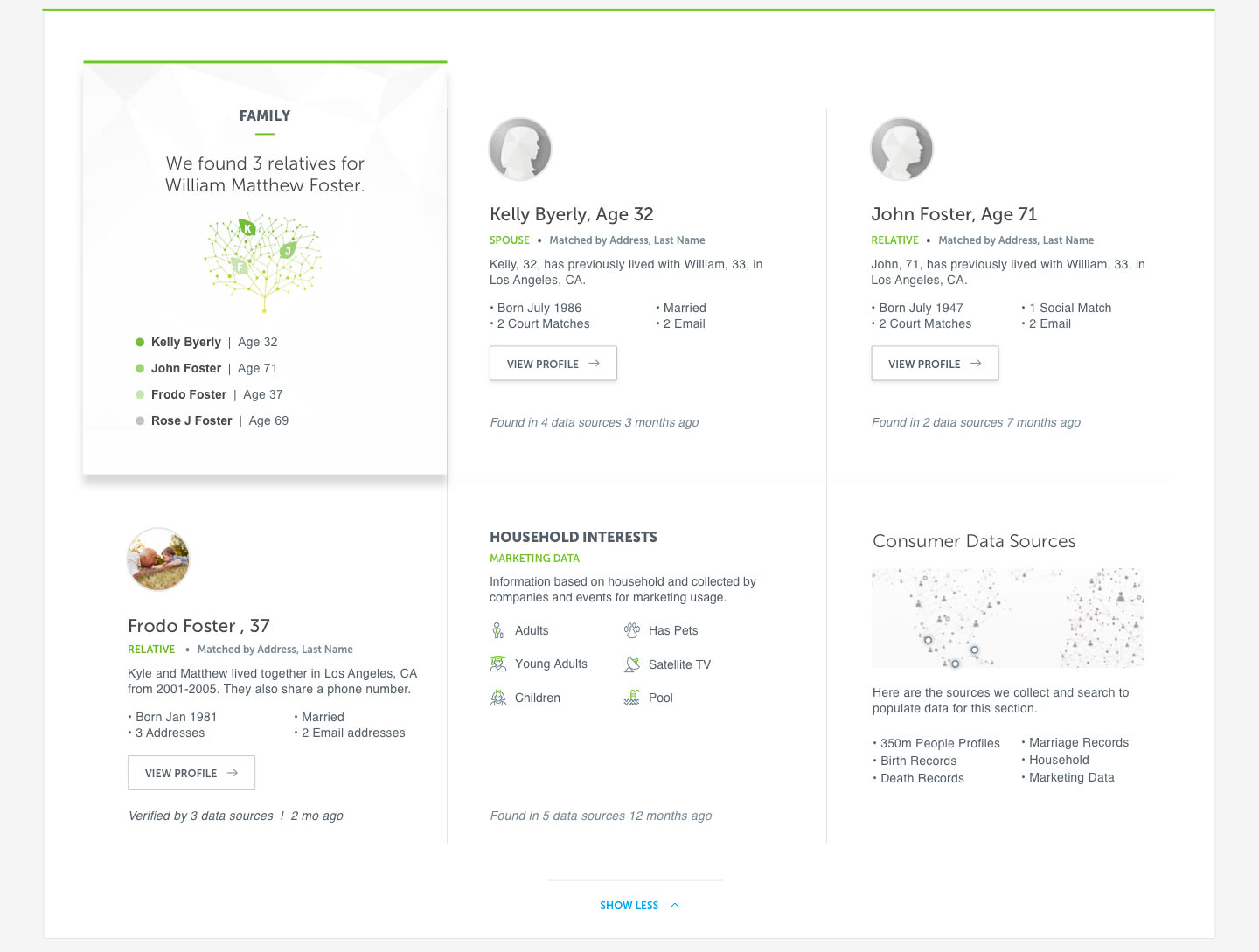 Image of the second half of the Spokeo profile that can include family members, interests, and data sources