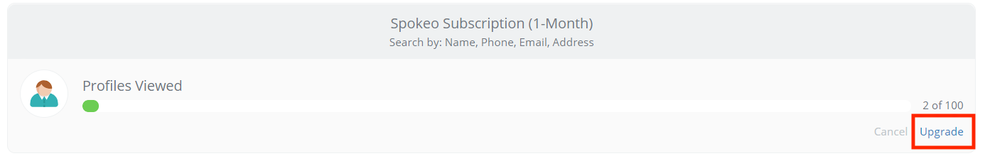 Image of the Spokeo account quota with the Upgrade button highlighted