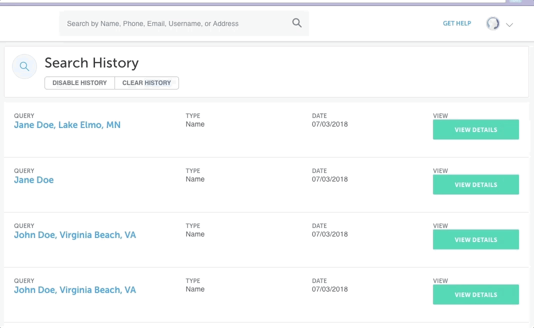 Image of selecting the option to disable your Spokeo account's search history